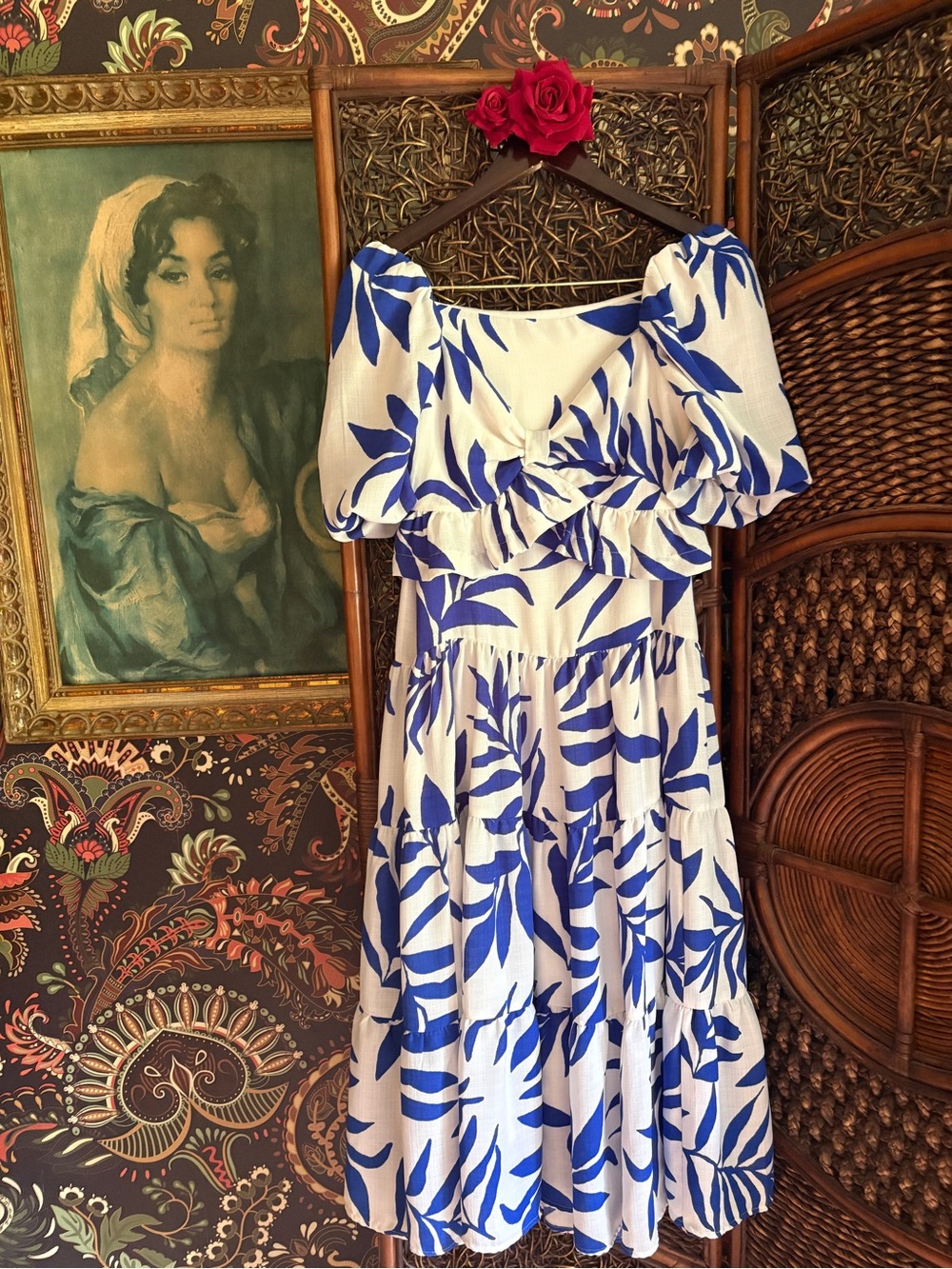 Vestique Blue White Tropical Leaf Midi Dress Set Resort Size S